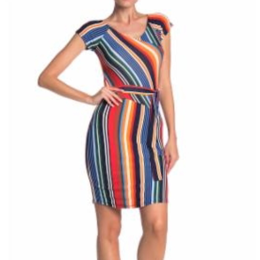 Striped Cap Sleeve Faux Wrap Dress NWT
